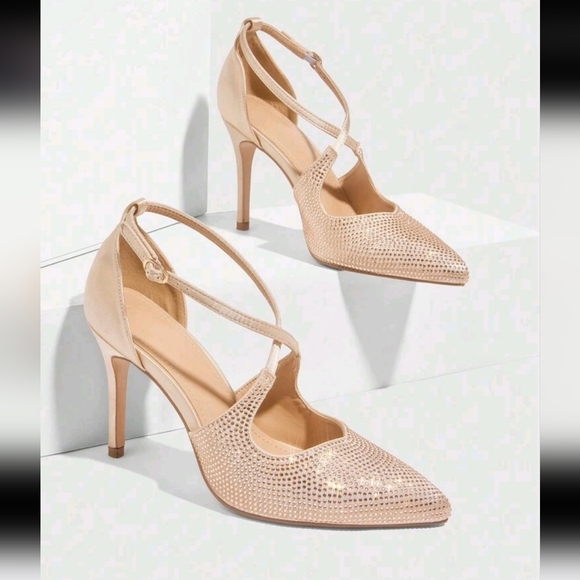 Apricot Color Pointed Toe Stiletto High Heel Ankle Strap Rhinestone Embellished - Picture 2 of 6